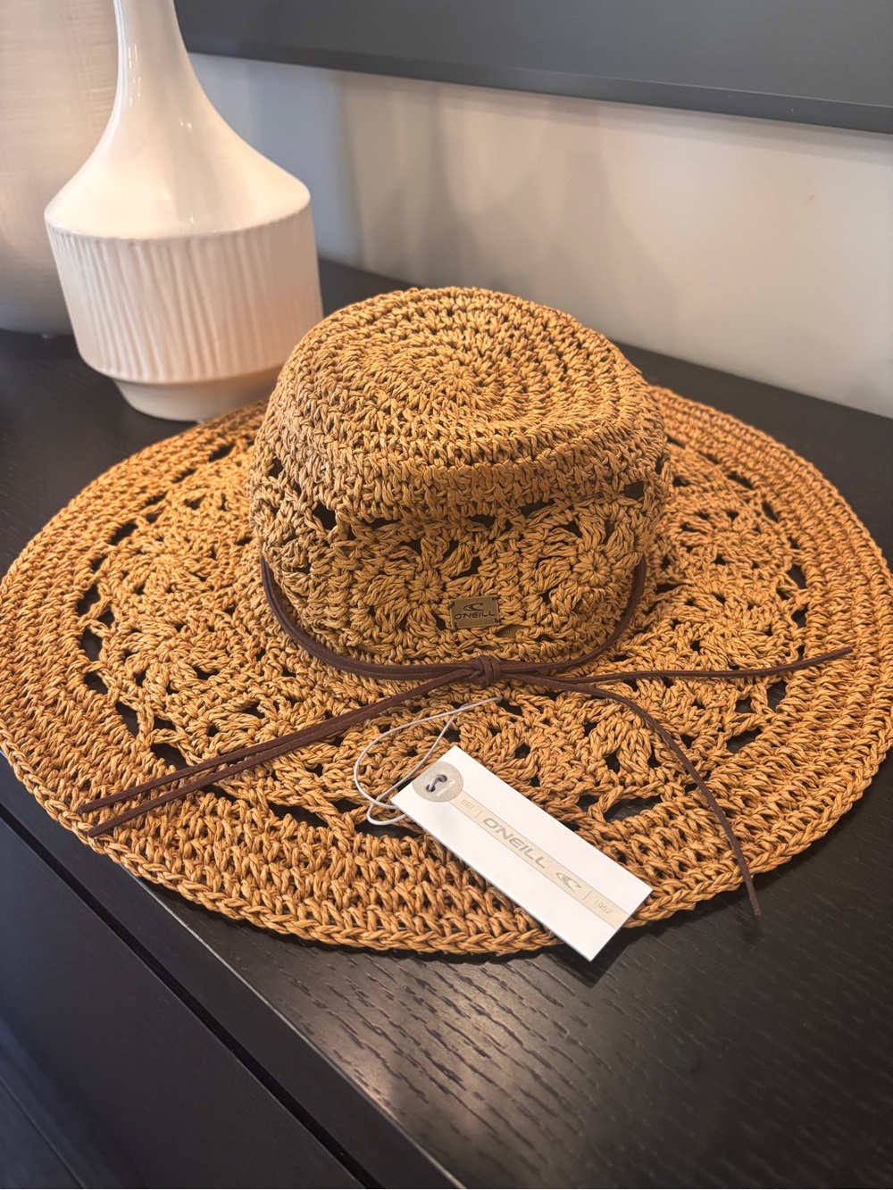 O'Neill Crochet Straw Sun Hat in Tan with Brown Tie